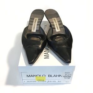Manolo Blahnik Black Leather Kitten Heel